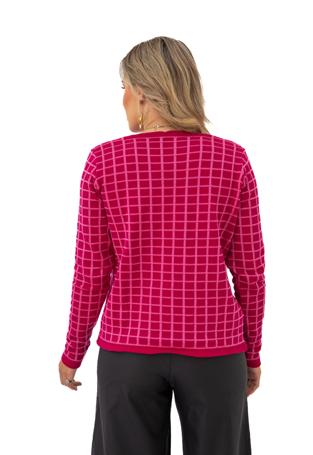 Casaco Feminino Tricô Cardigan Quadriculado Diana 0153 - Officina do Tricô